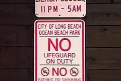 Sign at Long Beach noting there are no lifeguards on duty